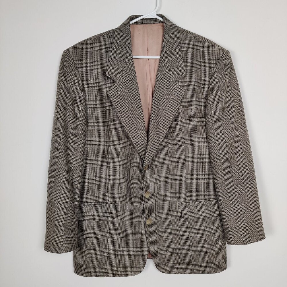 Men's Stars Toronto Blazer Black Gray Size 40R Silk Wool Glen Plaid Quiet Luxury